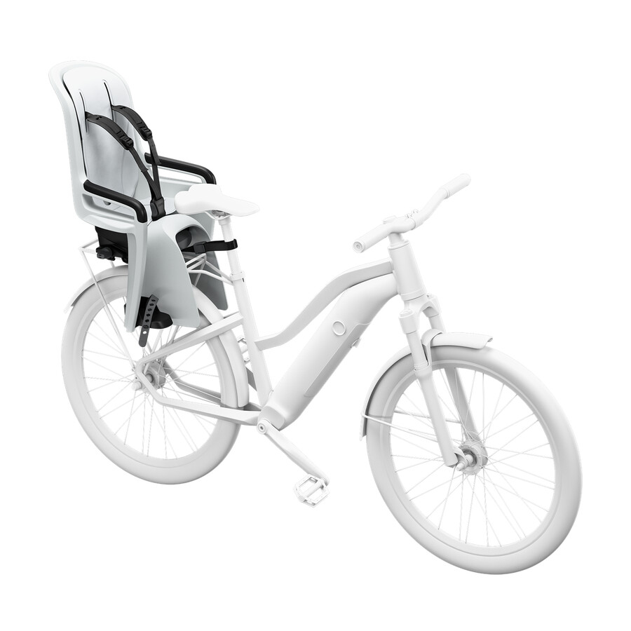 seggiolino per bicicletta inclinabile e montato sul portapacchi grigio chiaro